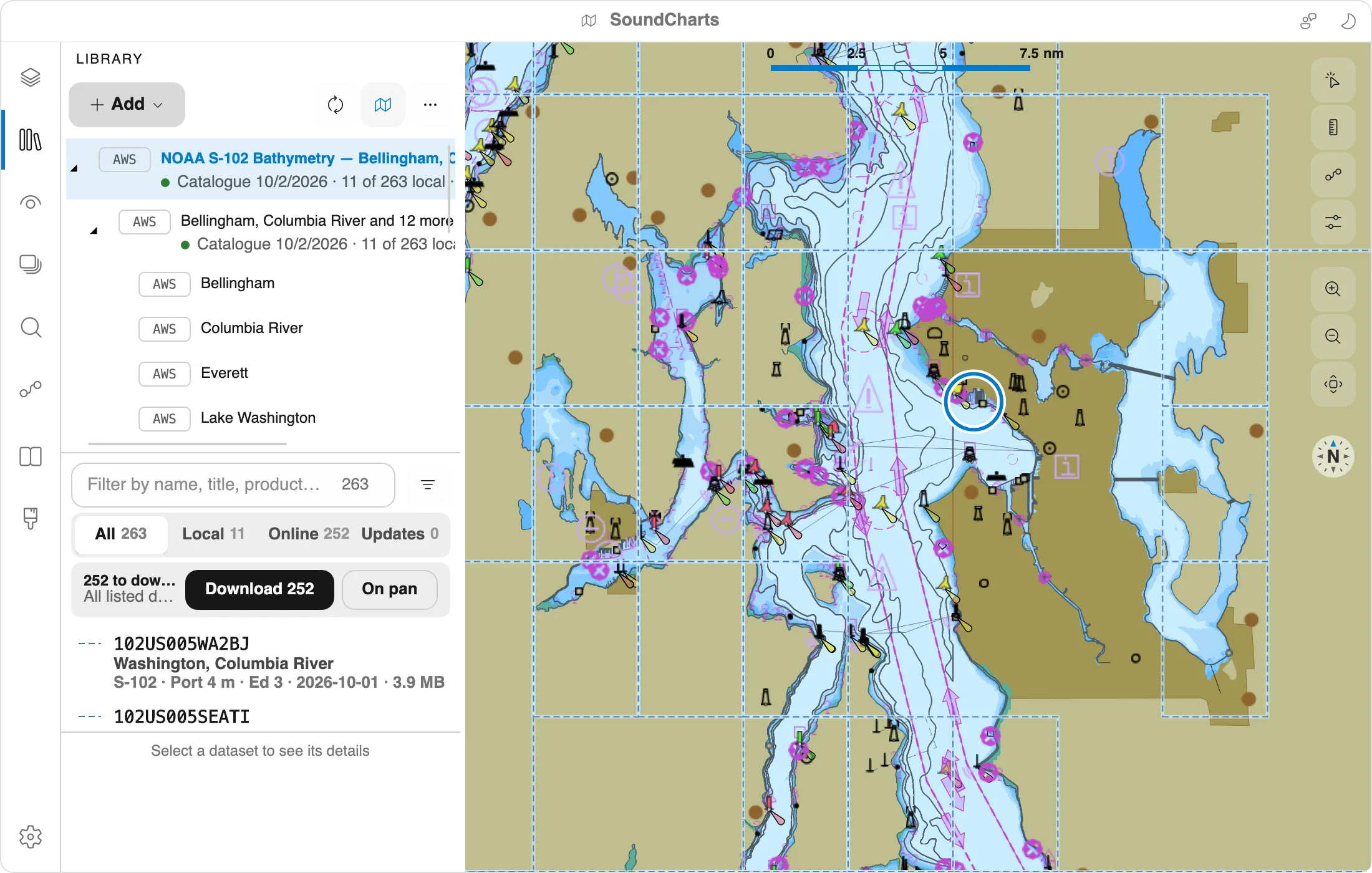 The Library panel browsing NOAA S-102 coverage areas