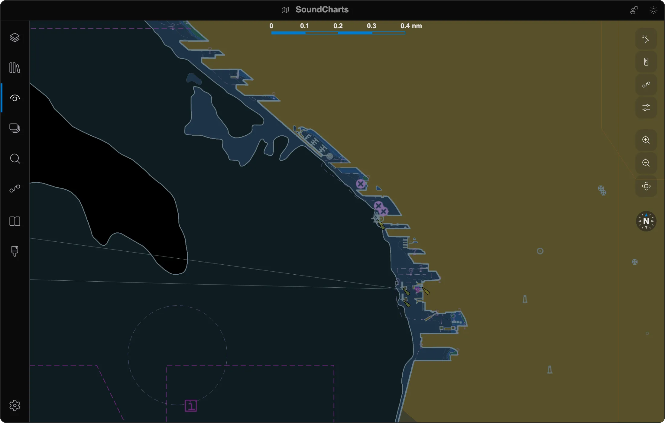 The same harbour view in the Dusk palette