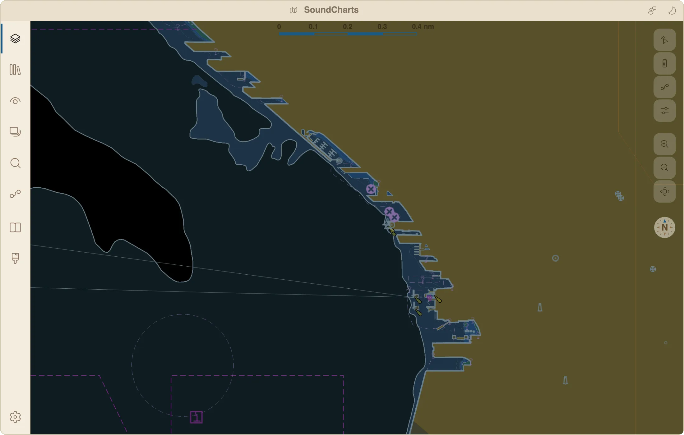 The same harbour view in the Dusk palette