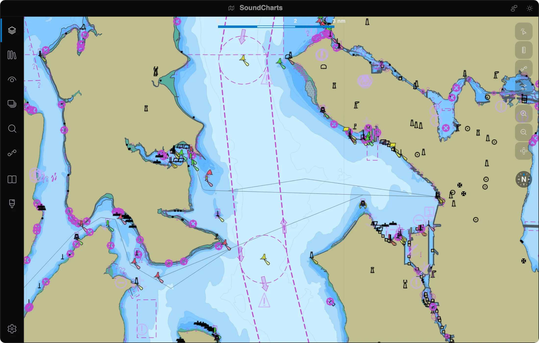 SoundCharts showing an electronic chart with depth shading and current arrows layered over Elliott Bay, Seattle
