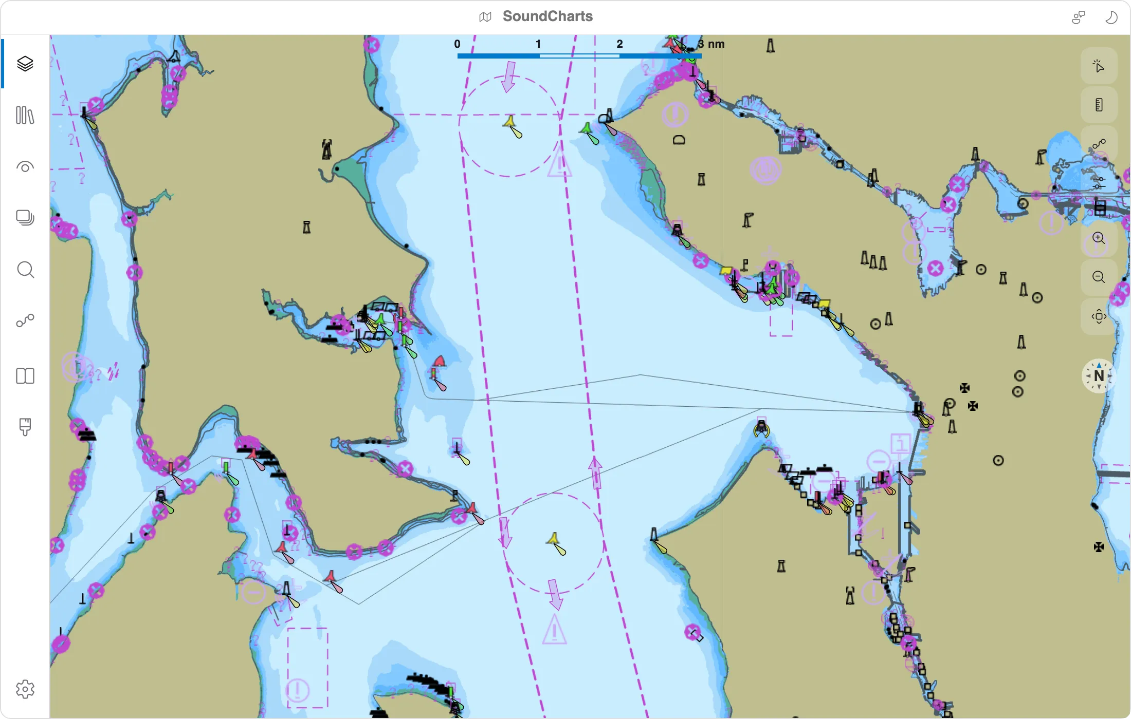 SoundCharts showing an electronic chart with depth shading and current arrows layered over Elliott Bay, Seattle